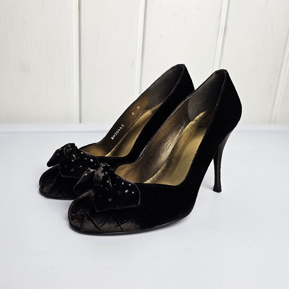 Stuart Weitzman Brown Velvet Snake Skin RhinestoneBow Leather Peeptoe Heels - Picture 2 of 11